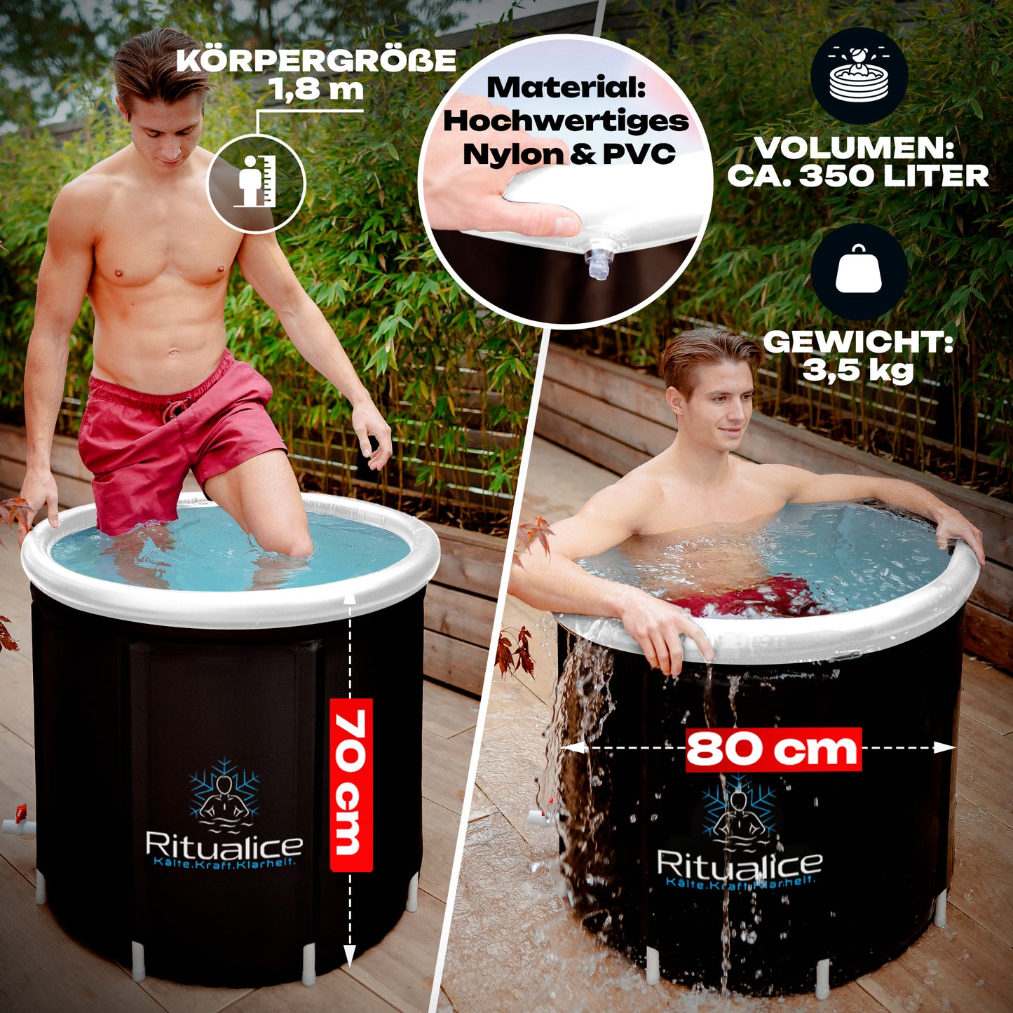 Ritualice Premium Eisbad weiß | Faltbare Aufblasbare Eistonne für Sportler 80Ø x70cm | Eisbadewanne mit Deckel und Stoffbezug | Ideal für Kryotherapie und Regeneration nach dem Sport