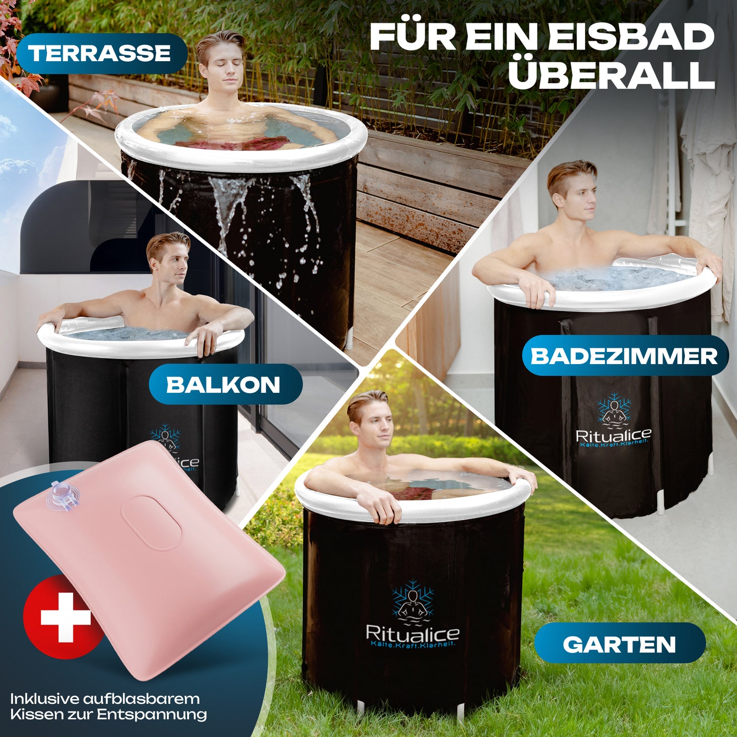 Ritualice Premium Eisbad weiß | Faltbare Aufblasbare Eistonne für Sportler 80Ø x70cm | Eisbadewanne mit Deckel und Stoffbezug | Ideal für Kryotherapie und Regeneration nach dem Sport