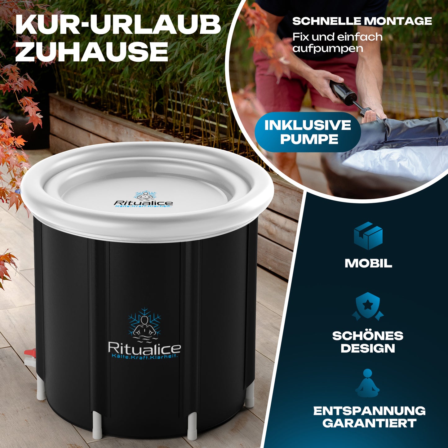 Ritualice Premium Eisbad weiß | Faltbare Aufblasbare Eistonne für Sportler 80Ø x70cm | Eisbadewanne mit Deckel und Stoffbezug | Ideal für Kryotherapie und Regeneration nach dem Sport