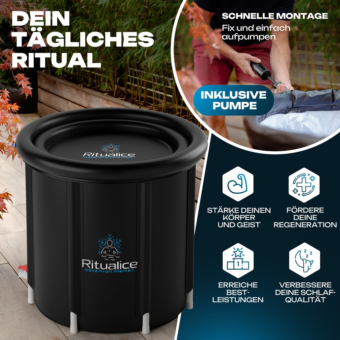Ritualice Premium Eisbad schwarz | Faltbare Aufblasbare Eistonne für Sportler 80Ø x70cm | Komplettset mit Deckel, Stoffbezug & Tasche | Ideal für Kryotherapie und Regeneration nach dem Sport
