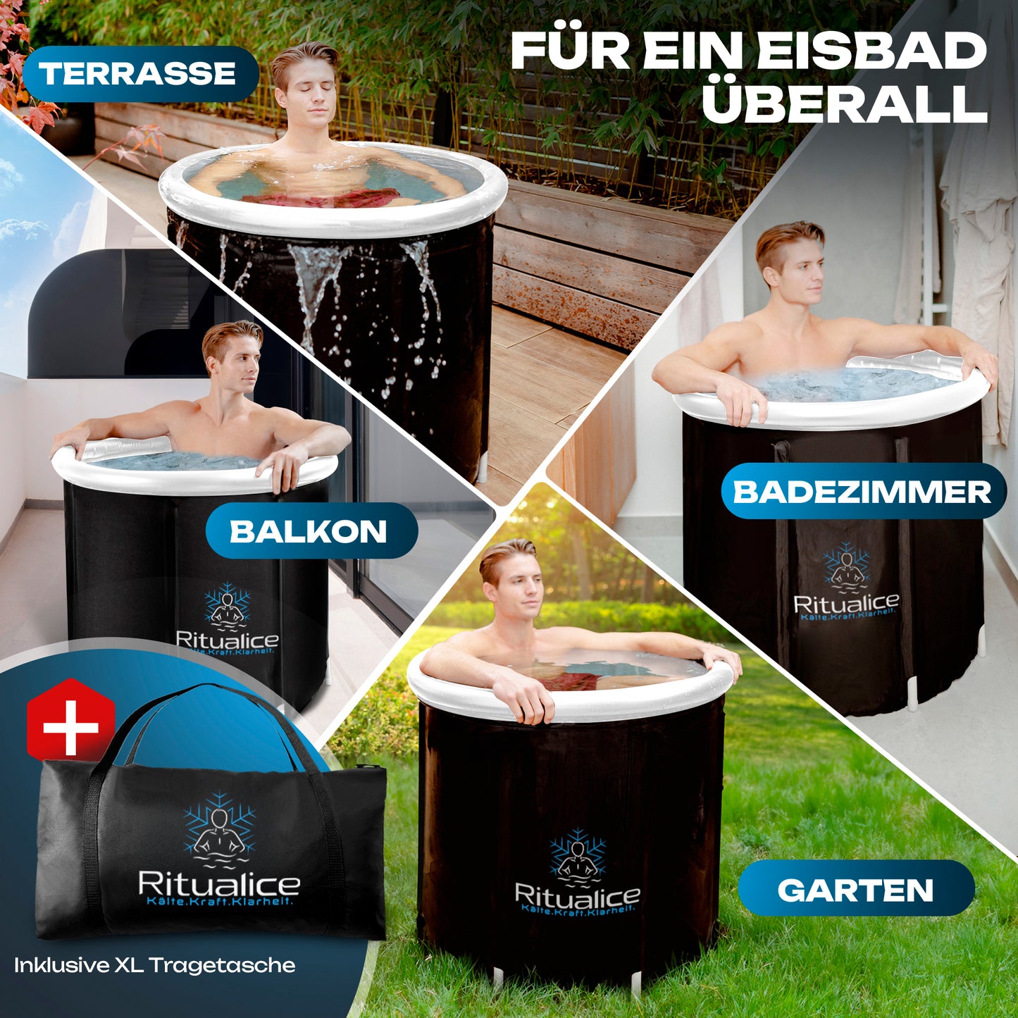 Ritualice Premium Eisbad weiß | Faltbare Aufblasbare Eistonne für Sportler 80Ø x70cm | Komplettset mit Deckel, Stoffbezug & Tasche | Ideal für Kryotherapie und Regeneration nach dem Sport