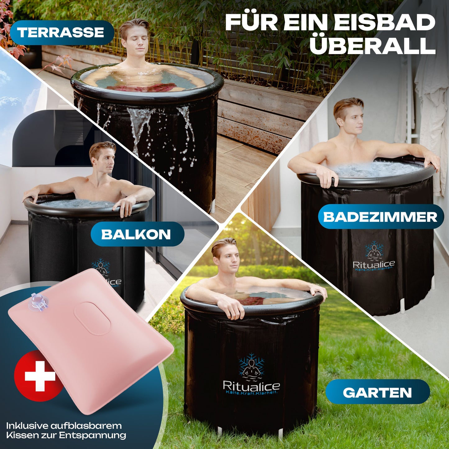 Ritualice Premium Eisbad schwarz | Faltbare Aufblasbare Eistonne für Sportler 80Ø x70cm | Komplettset mit Deckel, Stoffbezug & Tasche | Ideal für Kryotherapie und Regeneration nach dem Sport