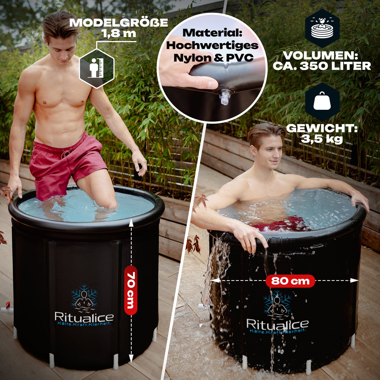 Ritualice Premium Eisbad schwarz (Gebraucht) | Faltbare Aufblasbare Eistonne für Sportler 80Ø x70cm | Eisbadewanne mit Deckel und Stoffbezug | Ideal für Kryotherapie und Regeneration nach dem Sport