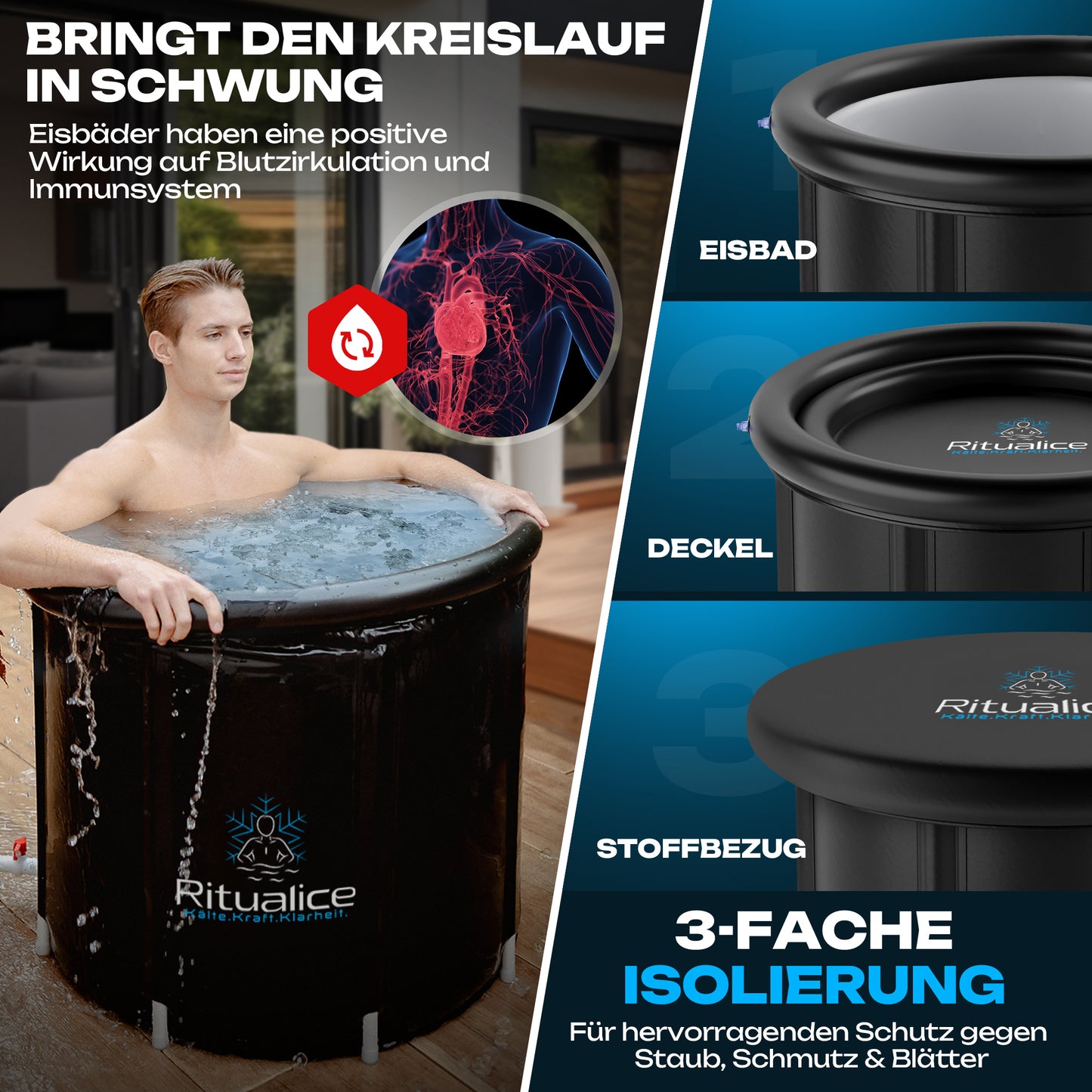 Ritualice Premium Eisbad schwarz (Gebraucht) | Faltbare Aufblasbare Eistonne für Sportler 80Ø x70cm | Eisbadewanne mit Deckel und Stoffbezug | Ideal für Kryotherapie und Regeneration nach dem Sport