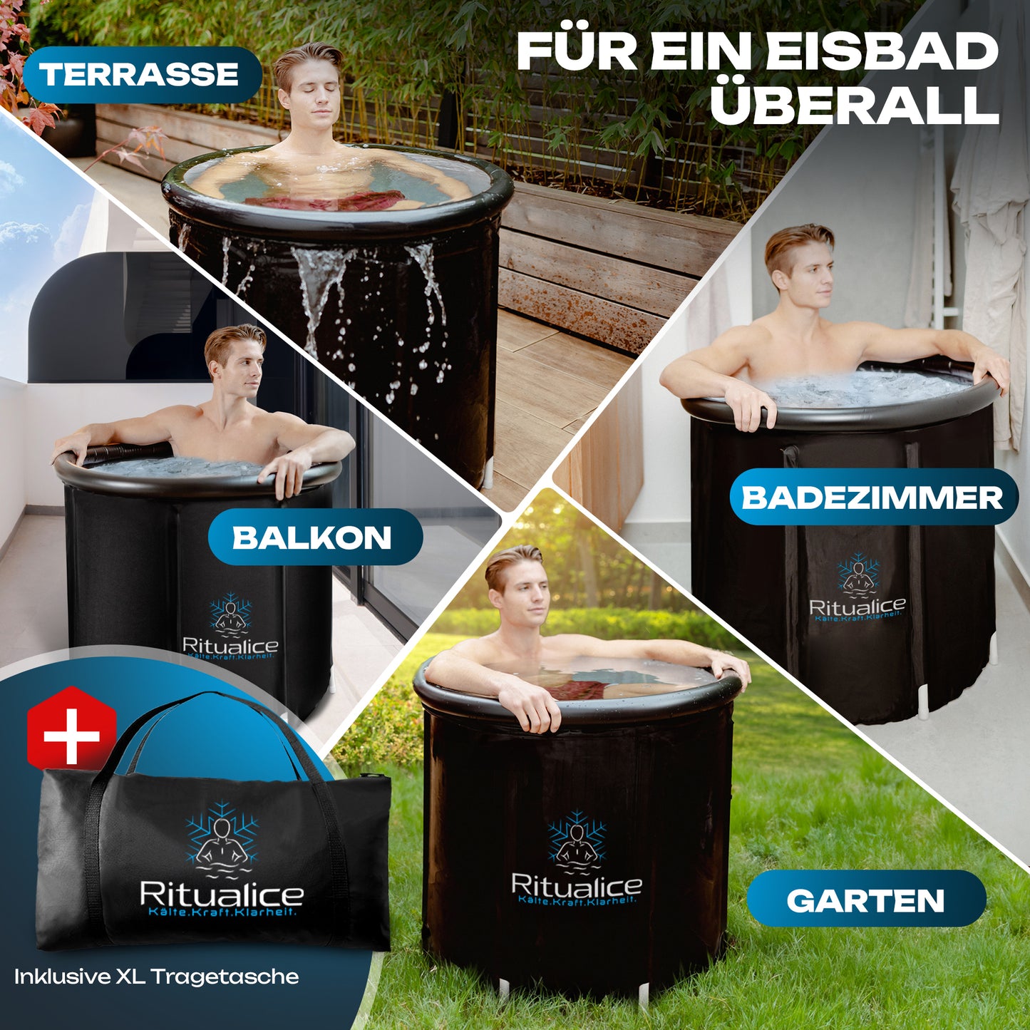 Ritualice Premium Eisbad schwarz (Gebraucht) | Faltbare Aufblasbare Eistonne für Sportler 80Ø x70cm | Eisbadewanne mit Deckel und Stoffbezug | Ideal für Kryotherapie und Regeneration nach dem Sport