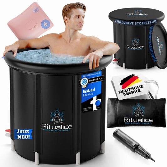 Ritualice Premium Eisbad schwarz | Faltbare Aufblasbare Eistonne für Sportler 80Ø x70cm | Eisbadewanne mit Deckel und Stoffbezug | Ideal für Kryotherapie und Regeneration nach dem Sport