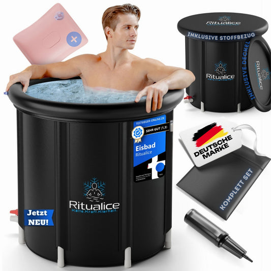 Ritualice Premium Eisbad schwarz | Faltbare Aufblasbare Eistonne für Sportler 80Ø x70cm | Komplettset mit Deckel, Stoffbezug & Tasche | Ideal für Kryotherapie und Regeneration nach dem Sport