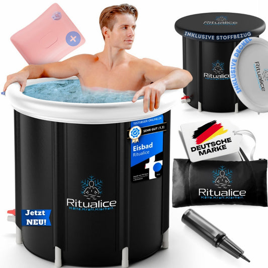 Ritualice Premium Eisbad weiß | Faltbare Aufblasbare Eistonne für Sportler 80Ø x70cm | Komplettset mit Deckel, Stoffbezug & Tasche | Ideal für Kryotherapie und Regeneration nach dem Sport