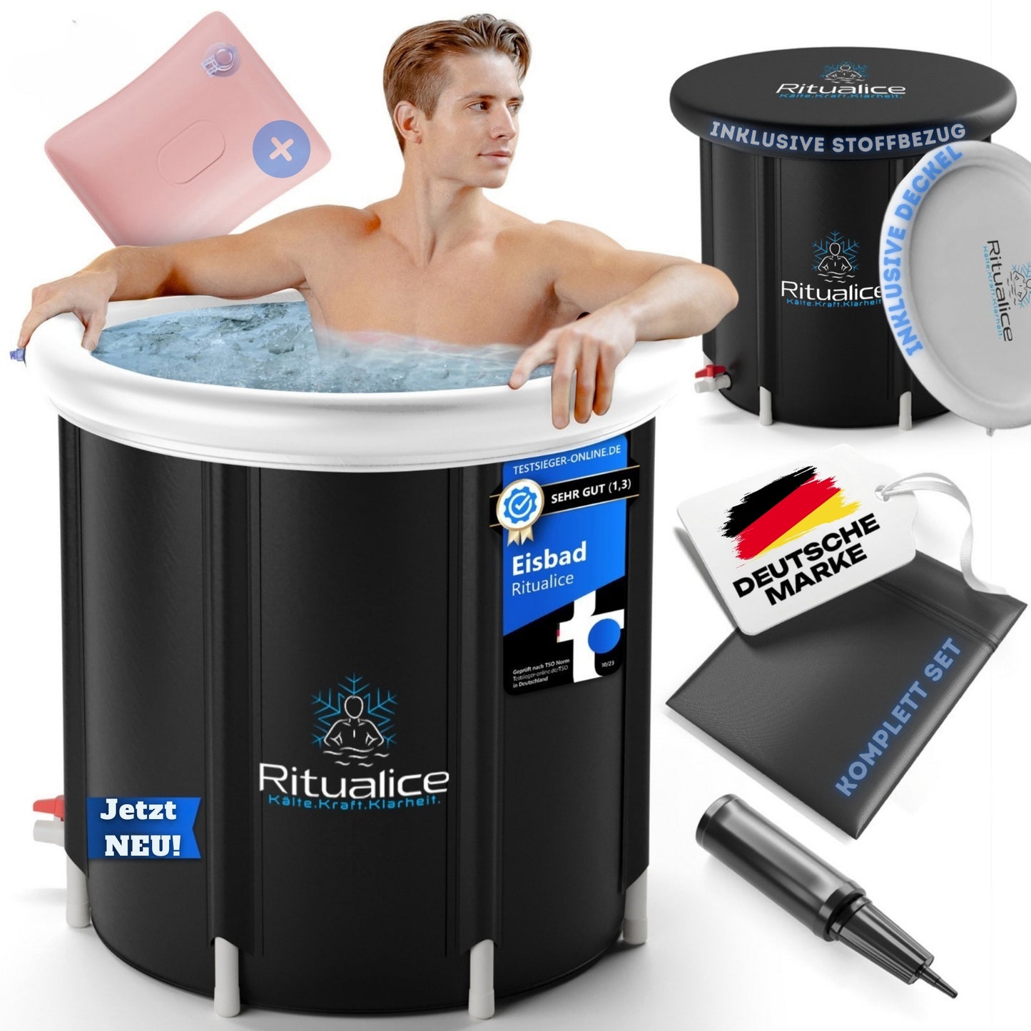 Ritualice Premium Eisbad weiß | Faltbare Aufblasbare Eistonne für Sportler 80Ø x70cm | Eisbadewanne mit Deckel und Stoffbezug | Ideal für Kryotherapie und Regeneration nach dem Sport